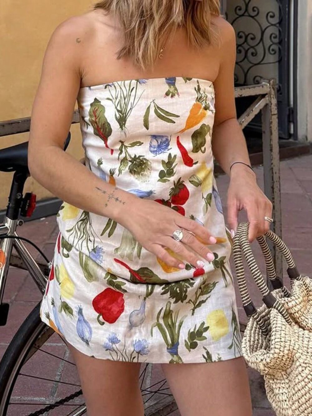 Apricot Women's Casual Short Strapless Mini Dress with Fruit & Vegetable Print - Picture 2 of 11